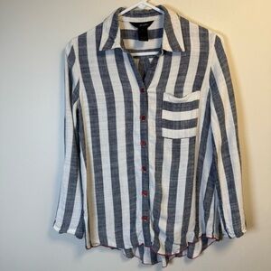 Ali Miles Linen Blend Roll Tab Sleeve Mixed Stripes Button Front Shirt Size XS